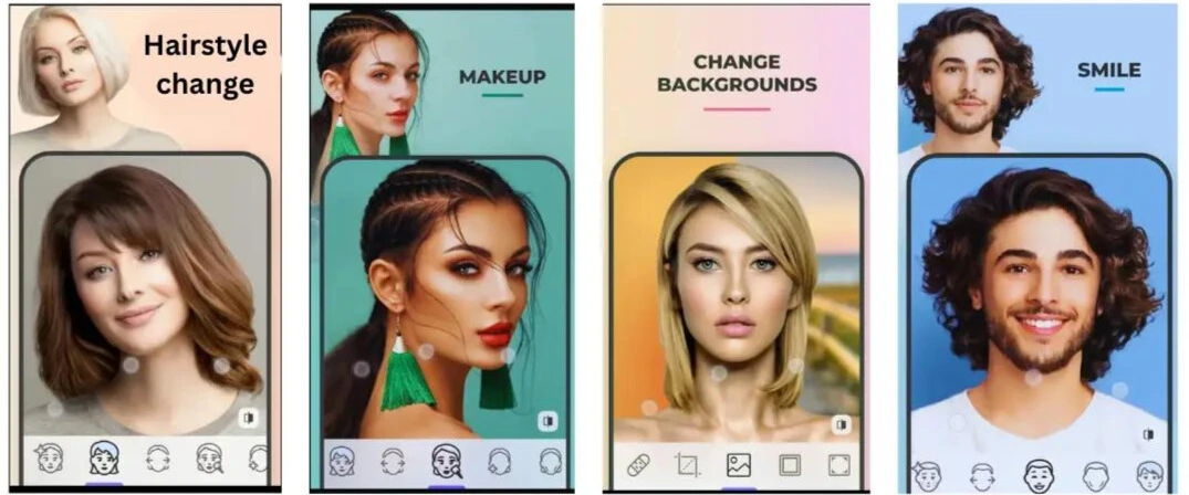 "FaceApp Mod APK features: Hairstyle change, Makeup change, Background effects, and Smile enhancement"