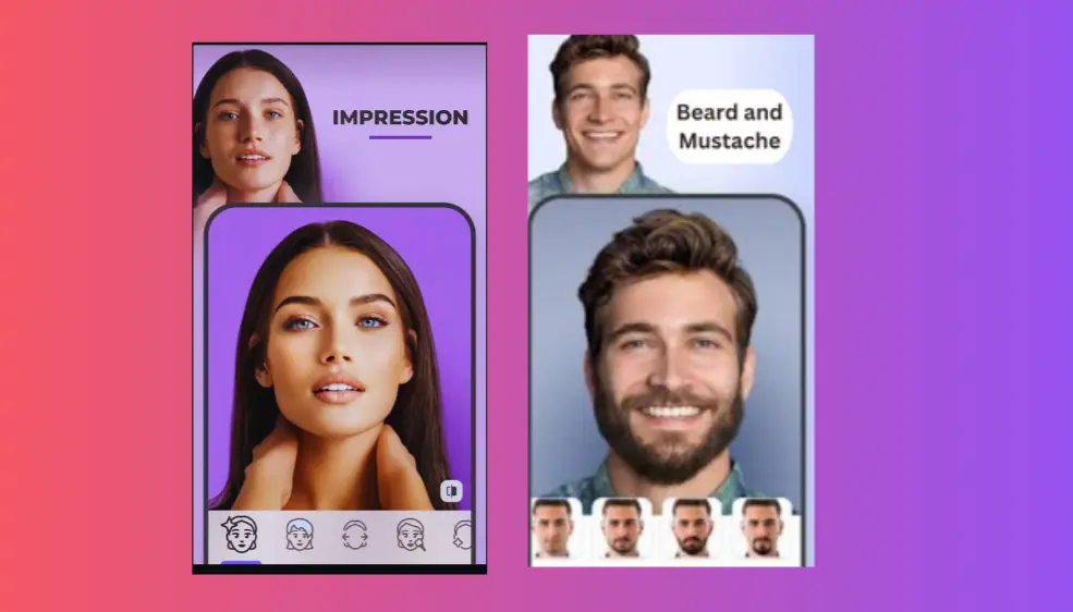 FaceApp Mod APK beard and impression filters showing facial transformations"